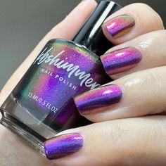 Dressing up in costume can be a fun escape from reality, whether you're channeling a superhero, a peppy cheerleader, or a good witch. Embrace your inner child and enjoy a night of fantasy, regardless of your age. Tricked Out is an ultra-shifty multichrome nail polish that transitions through a range of colors. Starting as a deep purple, almost navy, this tricky shade shifts to pink and fuchsia, then to orange and green with changes in viewing angle. Bright light enhances grape and fuchsia tones, while the full color range is best seen in indirect light. Best in two-to-three coats. **All photos are from the same batch, but lighting, skin tones, and cameras may affect the brightness and tone. ** Type: Multichrome Base: 10-Free Glitter Load: None Glitter Size: None Recommended Coats: 2-3 Coat Rainbow Nail Polish, Holo Nail Polish, Rainbow Nail, Escape From Reality, Good Witch, Base 10, Rainbow Nails, Orange And Green, Nail Polishes