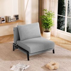 a living room scene with focus on the chaise - lounger and bookshelf