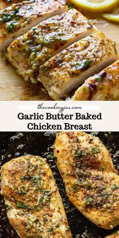 garlic butter baked chicken breast in a skillet