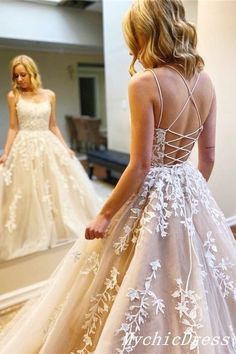 Wedding Dresses Champagne, Lace Backless Wedding Dress, Grad Dresses Long, Lace Prom Dresses, Beaded Party Dress, Prom Dresses Formal, Winter Formal Dresses, Spaghetti Strap Prom Dress, Custom Prom Dress