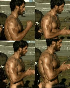 multiple pictures of a shirtless man with his hands in his pockets and mouth open