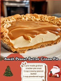 an advertisement for a peanut butter cream pie on a plate with santa clause in the background