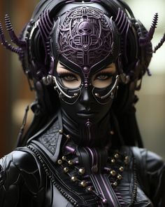 a woman in black and purple makeup with horns on her head, wearing an elaborate mask