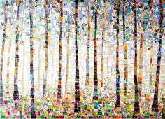 an abstract painting with many different colors and patterns on the wall, including trees in the background