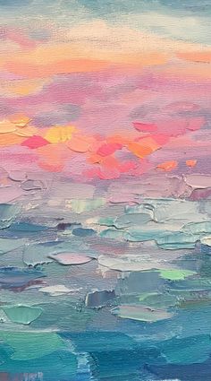 an abstract painting of the ocean with pink, blue and yellow colors on it's horizon