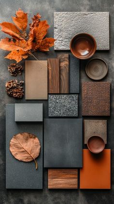 an assortment of different types of wood and tile with leaves on the floor next to them