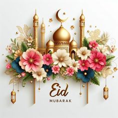 an eid mubarak greeting card with flowers and gold mosque on white background