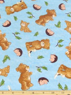 a blue background with brown teddy bears and green leaves