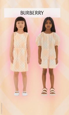 Burberry Kids for Girl Pink Peach Check Dress Collection for Summer 2024. Inspired by the Burberry Women’s Collection. Soft cotton dress with orange-pink pattern in a white bias check. Sleeveless style has gathered shoulders, cut-out sides, and a pretty adjustable bow ties on the side. Another cute look is this peach check blouse and short outfit. Burberry pink sunhat and matching peach pink check sandals. Checked Blouse, Peach Dress, Cute Girl Outfits, Burberry Women, Pink Girl