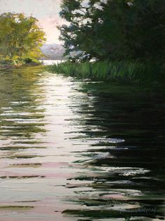 an oil painting of trees and water