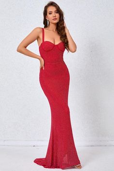 Amplify your evening beauty with a stunning look like the Radiant Presence Fishtail Maxi Dress! This glamorous dress features dazzling rivet embellishment that create a mesmerizing design across a power mesh fabric (atop a matching knit lining) as it shapes a sleeveless panelled-bodice with a flirty sweetheart neckline, all supported by adjustable spaghetti straps. The figure-flaunting, curve-hugging silhouette continues down to a fishtail hem with godet detailing and a small train. Hidden back zipper/clasp. 100% Polyester. Lined. Runs true to size. Hand Wash Cold. Do Not Bleach. Line Dry. Iron Low Heat. Origin China. ** Color may vary due to lighting on images. The product images (without model) are closest to the true color, pattern and style of the product. Mermaid Hem Gala Dress With Rhinestones, Red Mermaid Dress For Night Out, Glamorous Red Carpet Mermaid Dress, Red Mermaid Dress For Evening Party Season, Evening Dresses With Rhinestones And Mermaid Hem, Glamorous Floor-length Mermaid Dress For Red Carpet, Red Glamorous Party Mermaid Dress, Party Dresses With Rhinestones And Mermaid Hem, Elegant Mermaid Hem Dress For Red Carpet