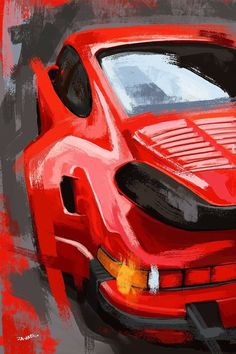 a painting of a red sports car with the hood up