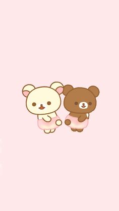 two brown and white teddy bears standing next to each other on a pink wallpaper