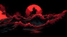 a man riding on the back of a horse over a wave in front of a red moon