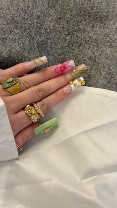 Green Gyaru Nails, Grunge Nails, Fire Nails, Best Acrylic Nails, Cute Acrylic Nails, Stylish Nails, Press On Nails, Summer Nails, Nail Inspo