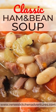 a bowl of ham and bean soup with carrots