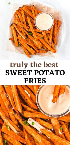 Oven Baked Crispy Sweet Potato Fries with Dip Fried Sweet Potato Fries, Sweet Potato Fries Dipping Sauce, Southern Veggies, Easy Baked Sweet Potato, Perfect Potatoes, Homemade Sweet Potato Fries, Sweet Potato Fries Recipe, Potato Fries Baked, Air Fryer Sweet Potato Fries