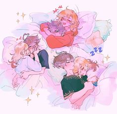 three anime characters laying on top of each other in bed with stars and clouds behind them