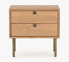 a wooden nightstand with two drawers on one side and an open drawer on the other