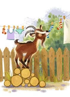 a goat standing on top of a pile of wood next to clothes hanging from a line