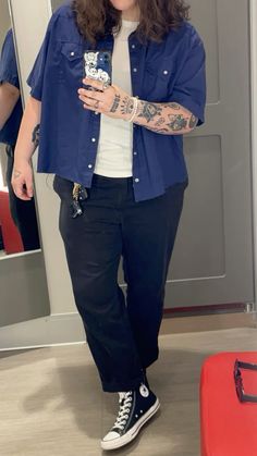 cropped thrifted navy button down with white wife pleaser;) and black dickies 874 pants. Dickies 874 Pants, 874 Pants, Masc Outfit, Dickies Style, Spring Fits