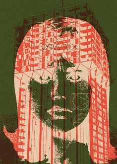 an image of a woman's face in red and green with buildings behind her