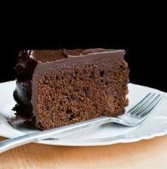 a piece of chocolate cake on a plate with a fork