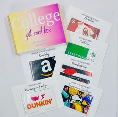 several different types of stickers and tags on a white surface with the text college gift card box