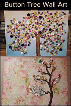 two pictures with buttons on them and the words button tree wall art