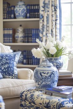 a blue and white vase filled with flowers sitting on top of a table next to a couch