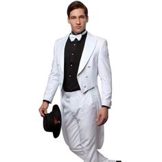 "This Modern Fit Tail Tuxedo Features A Six Button Jacket, White Satin Peak Lapel, And Long Tail Coat. The Pants Are Flat Front And Made From 100% Wool. The Pants Come Six Inches Smaller Than The Jacket Size And Can Be Adjusted Out Two Inches Or In Four Inches By A Tailor. The Pant Length Is Unfinished For Custom Hemming." Fitted White Tuxedo With Buttons, White Fitted Tuxedo With Buttons, Spring White Fitted Double Breasted Suit, White Spring Semi-formal Tuxedo, White Double-breasted Tuxedo For Formal Occasions, White Double-breasted Tuxedo For Semi-formal Occasions, Classic White Double Breasted Suit With Double Button Closure, White Double-breasted Suit, Classic White Double-breasted Tuxedo