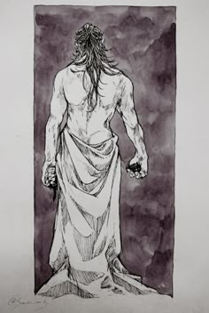 a black and white drawing of a man with long hair standing in front of a purple background