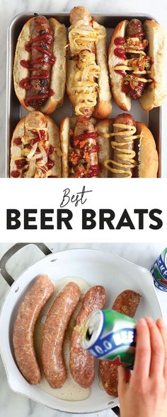 the best beer brats recipe is in a pan with sausages and buns