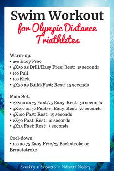 the swim workout for olympic distance triathlons is shown in red and white text