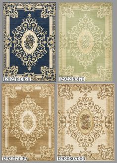 four rugs with different colors and designs on them, all in various sizes and shapes