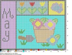 a cross - stitch pattern with flowers and baskets on the front, in blue background