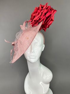 Blush pink hatinator with two red roses. attaches with headband for light and comfortable wear. money size fits all. Please note all sales are final. Rose-colored Fascinator For Party, Pink Headband For Kentucky Derby Garden Party, Pink Headband Costume Hat For Kentucky Derby, Pink Summer Headband For Races, Fitted Pink Headband, Red Fitted Fascinator For Garden Party, Formal Pink Headband For Summer, Pink Fitted Headpiece With Handmade Flowers, Red Adjustable Fascinator For Garden Party