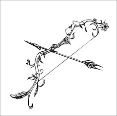 a drawing of a bow and arrow with flowers on it, in black and white