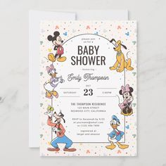 a mickey mouse baby shower is shown on the front and back of a card with an image of cartoon characters