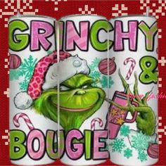 the grinch and bougie christmas canisters are decorated with candy canes