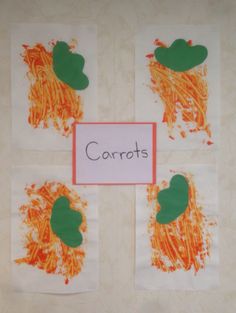 four pieces of paper with carrots on them and the words carrots written in red