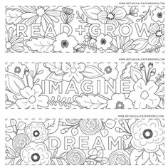 two coloring pages with flowers and the words imagine dream on each one, in black and white