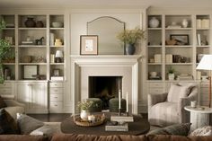 a living room filled with furniture and a fire place in the middle of a room