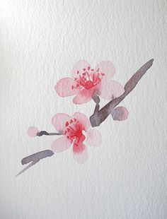 watercolor painting of two pink flowers on white paper with black and red inks