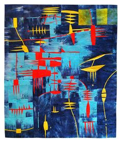 an abstract painting with blue, yellow and red colors