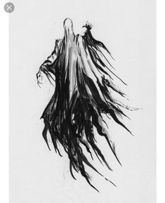 a black and white drawing of a ghost with long hair on it's head