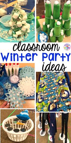 a collage of winter party ideas including snowflakes, cups and paper plates