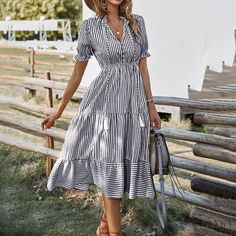 Lasaky - Striped Dress with Stylish and Unique Self-Developed Design Striped Dress Summer, High Waist Dress, Summer Stripes, Striped Midi Dress, Ruffle Hem Dress, Flounce Sleeve, Striped Fabrics, Skirt Design, Outfit Casual