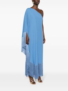 ocean blue crepe texture one-shoulder concealed side zip fastening single long batwing sleeve shift style asymmetric fringed edge mid-length unlinedThis piece fits true to size. We recommend you get your regular sizeModel is 1,75m / 5ft 8in wearing size 40 (IT) Taller Marmo, Blue Shift Dress, Grey Midi Dress, Lilac Dress, Women Long Dresses, Mid Length Dresses, Knit Midi Dress, Blue Midi Dress, Shoulder Design