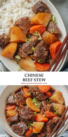 two plates with beef, potatoes and carrots on them next to chopsticks